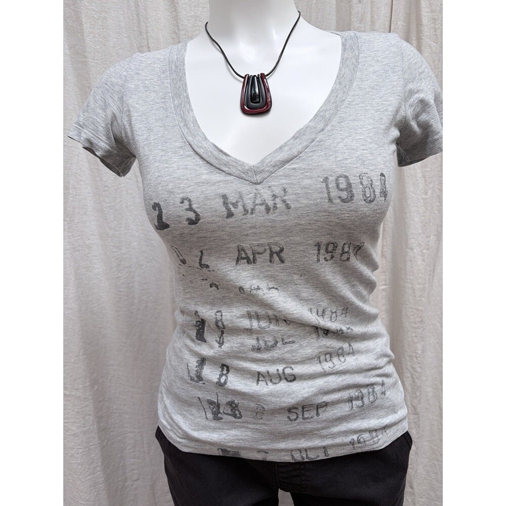 Out of Print Library Due Date Stamp Graphic V-Neck T-Shirt Gray Womens Sm Rare